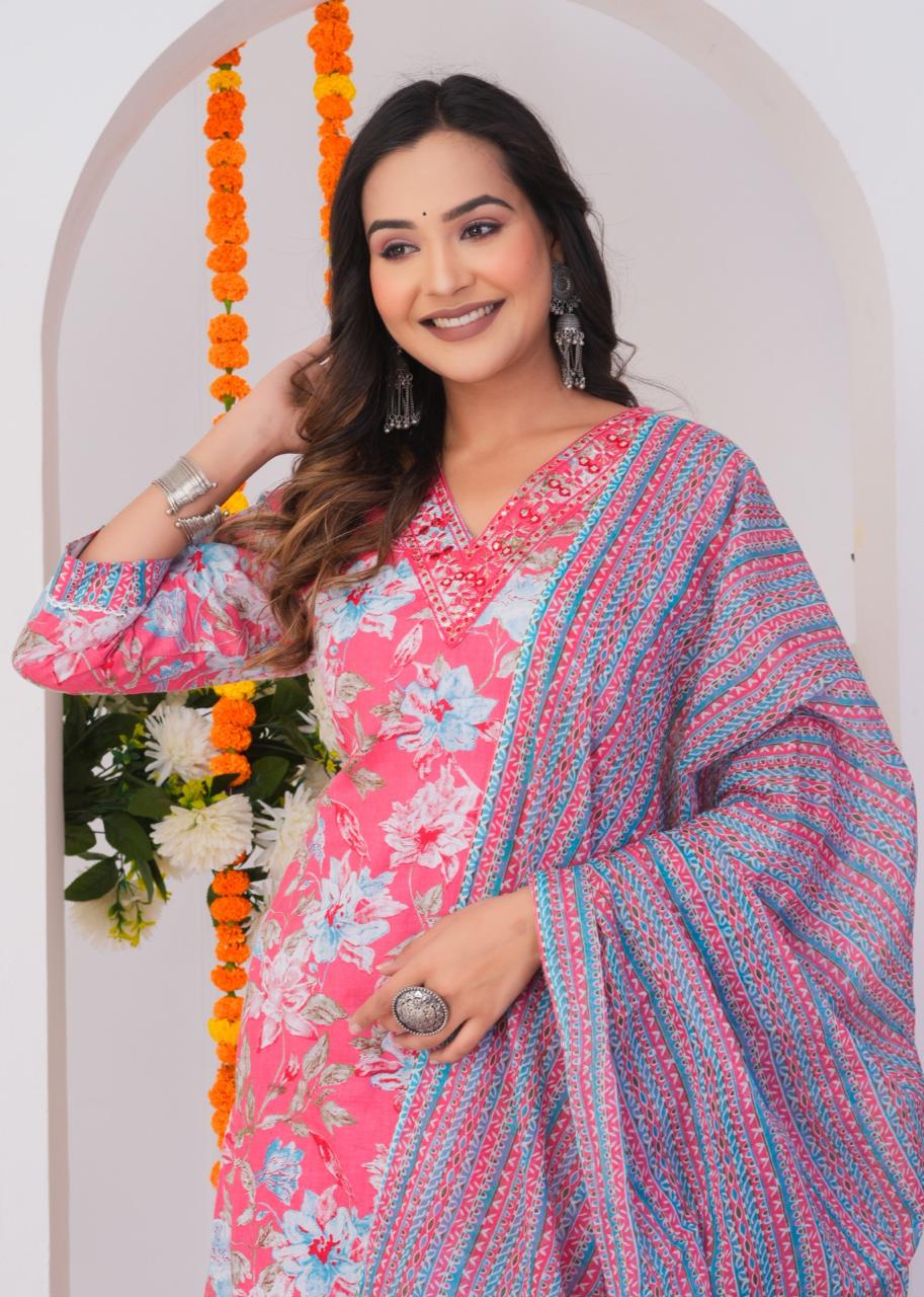 Graceful Floral Cotton Kurta Set with Dupatta – Elegant Festive Wear