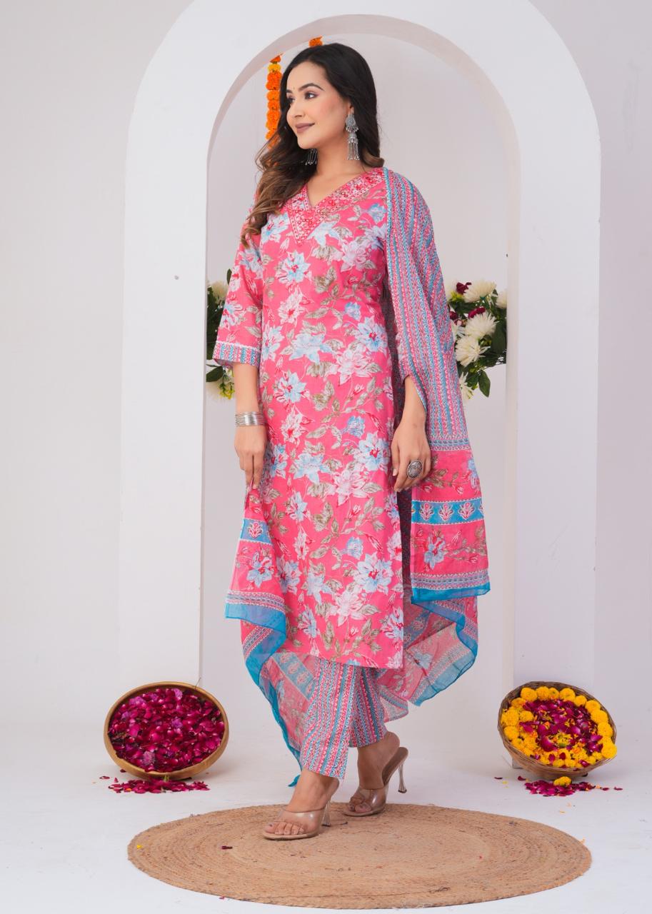 Graceful Floral Cotton Kurta Set with Dupatta – Elegant Festive Wear