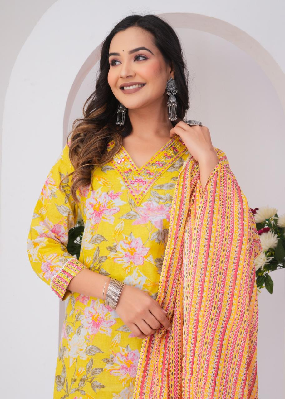 Graceful Floral Cotton Kurta Set with Dupatta – Elegant Festive Wear