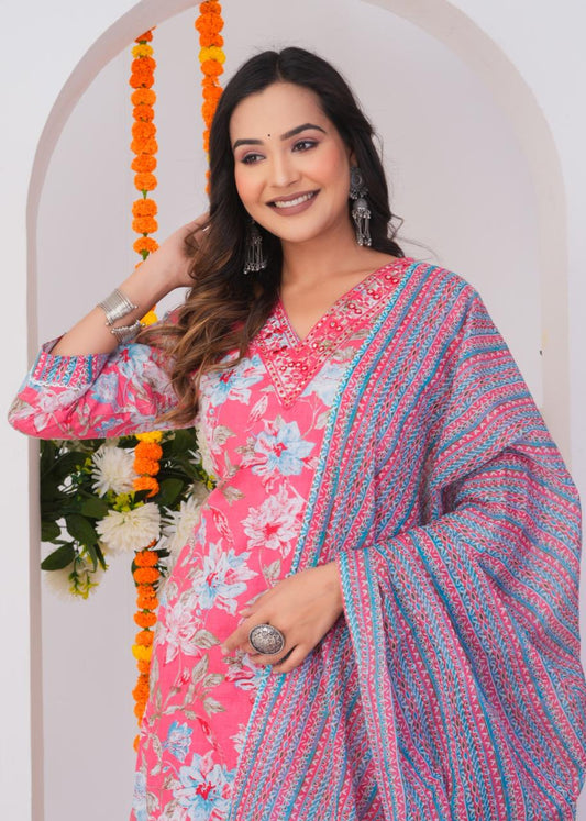 Graceful Floral Cotton Kurta Set with Dupatta – Elegant Festive Wear